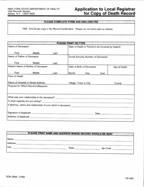 First page of the Application for Copy of Death Record