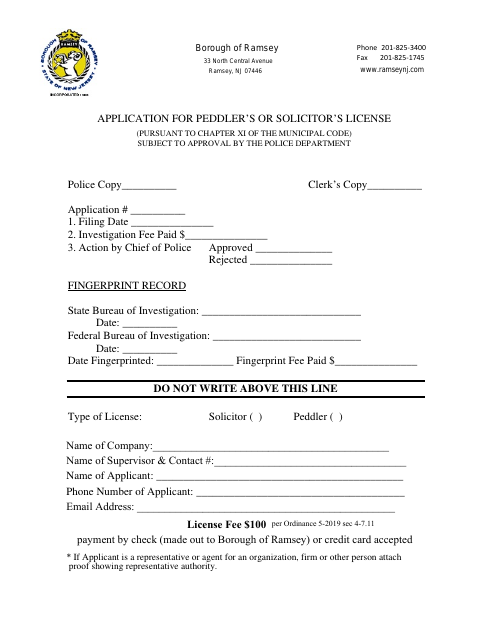 First page of the Peddler & Solicitor Application