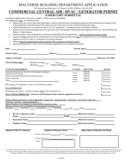 First page of the Commercial Central Air HVAC Generator Permit Application