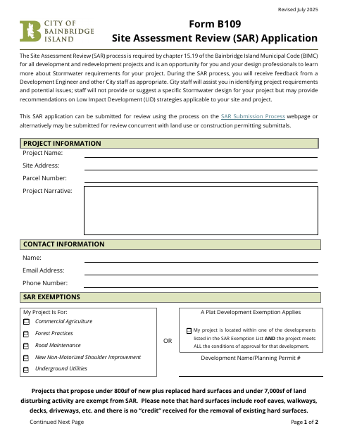 First page of the Site Assessment Review (SAR) Application
