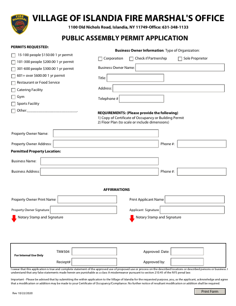First page of the Public Assembly Permit Application