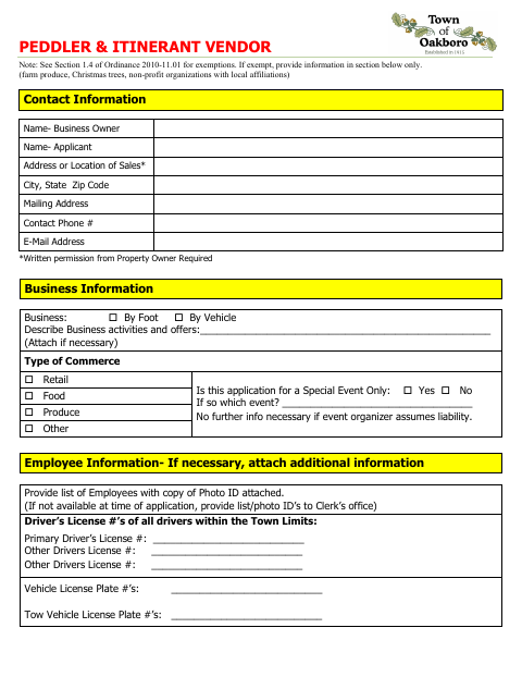 First page of the Peddler & Itinerant Vendor Application