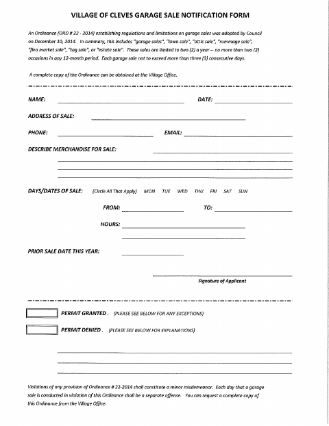 First page of the Garage Sale Notification Form