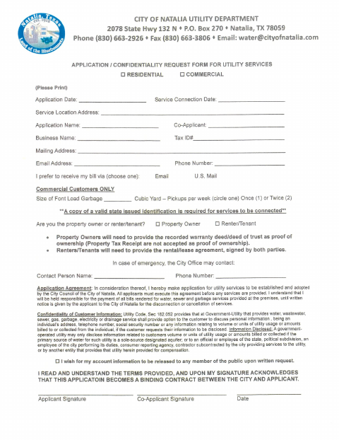 First page of the Application for Utility Services (Water, Sewer, Garbage)