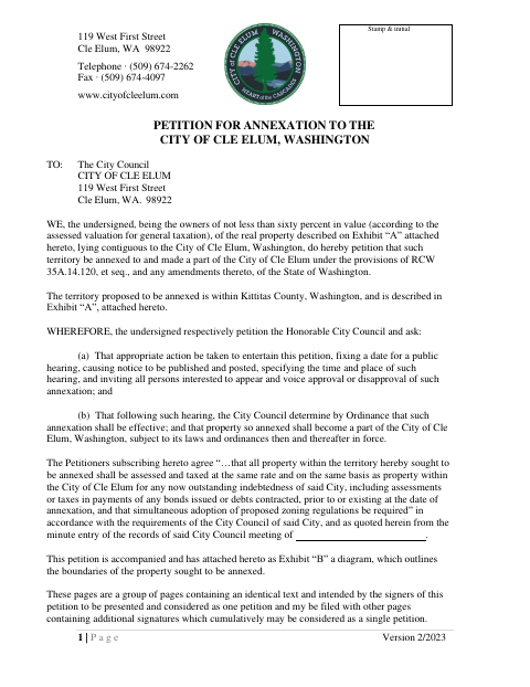 First page of the Petition for Annexation to the City of Cle Elum