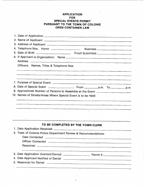 First page of the Special Events Permit Application