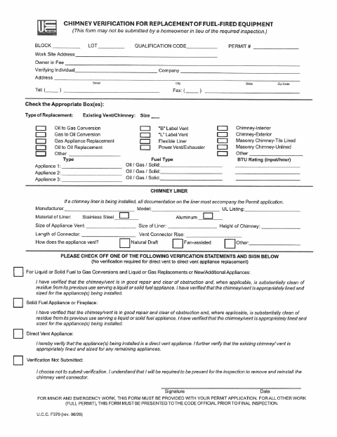 First page of the Chimney Verification for Replacement of Fuel-Fired Equipment