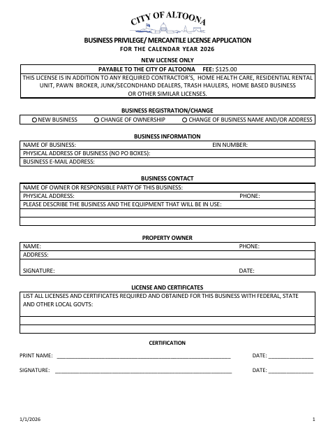 First page of the Business Privilege/Mercantile License Application