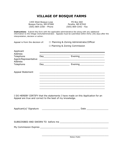 First page of the Planning and Zoning Appeal Application