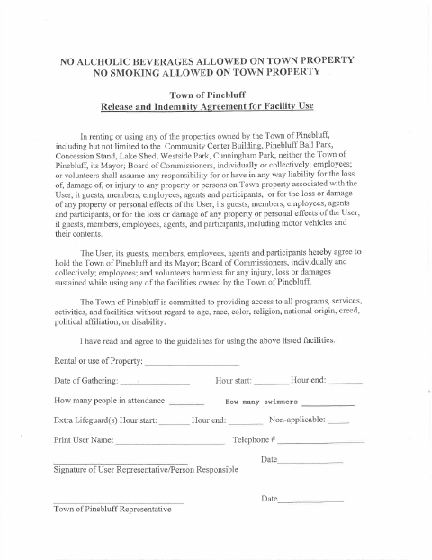 First page of the Facility Use Release and Indemnity Agreement