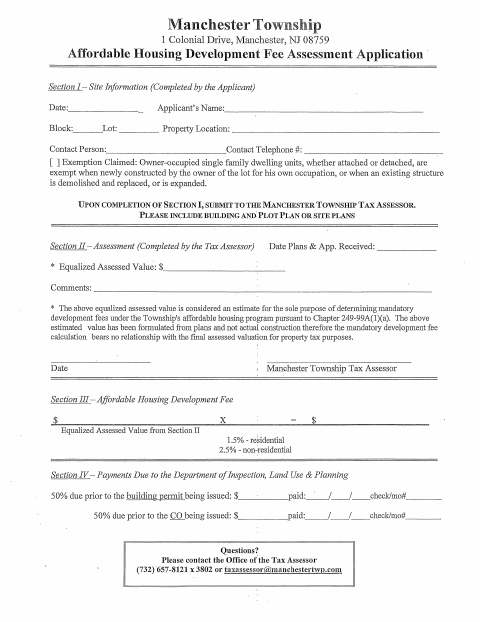 First page of the Affordable Housing Development Fee Assessment Application