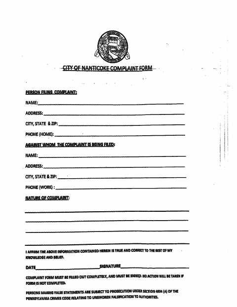 First page of the Complaint Form