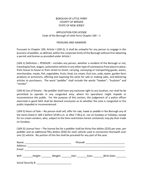 First page of the Peddling and Hawkers License Application