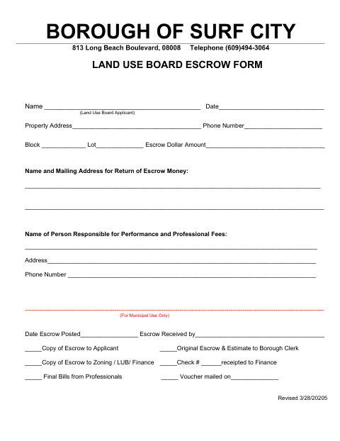 First page of the Land Use Board Escrow Form