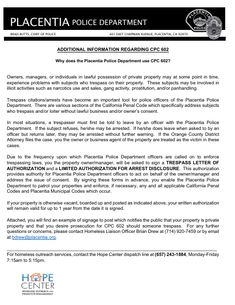 First page of the Trespass Letter of Authorization