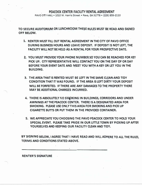 First page of the Peacock Center Facility Rental Agreement