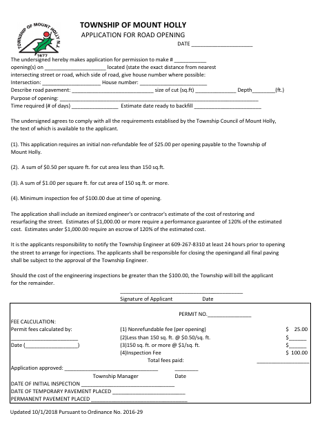 First page of the Application for Road Opening