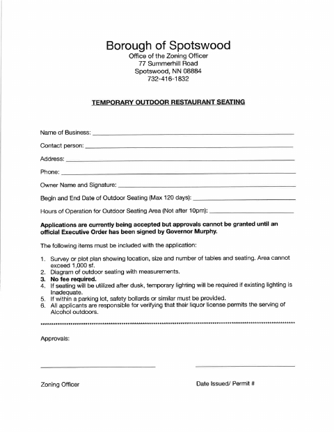 First page of the Temporary Outdoor Restaurant Seating Application