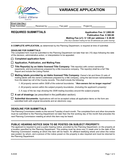 First page of the Variance Application