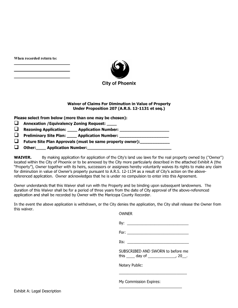First page of the Waiver of Claims for Diminution in Value