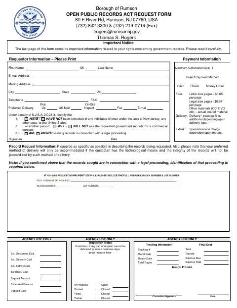 First page of the Open Public Records Act Request Form