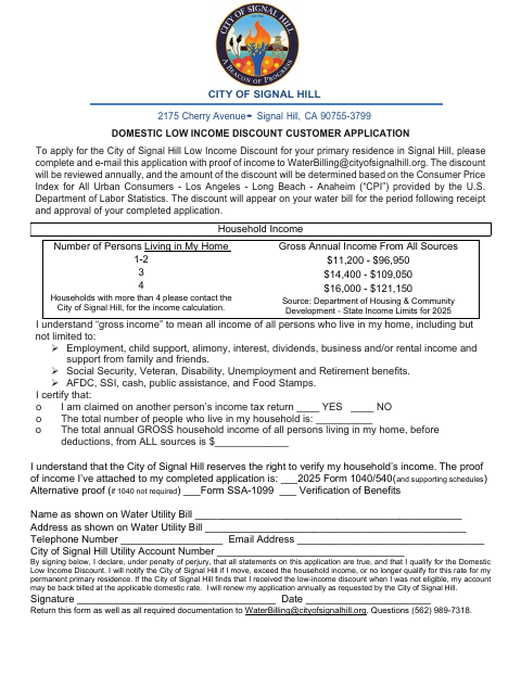First page of the Domestic Low Income Discount Customer Application