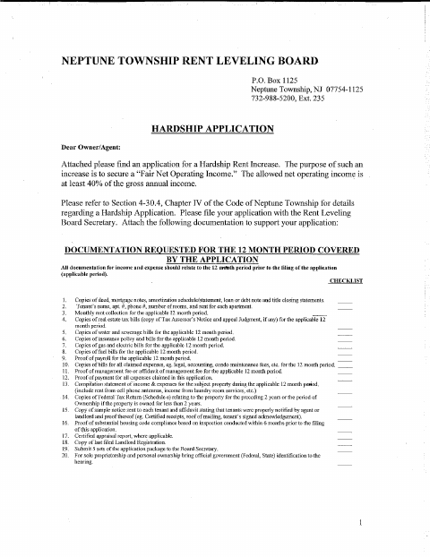 First page of the Hardship Rent Increase Application