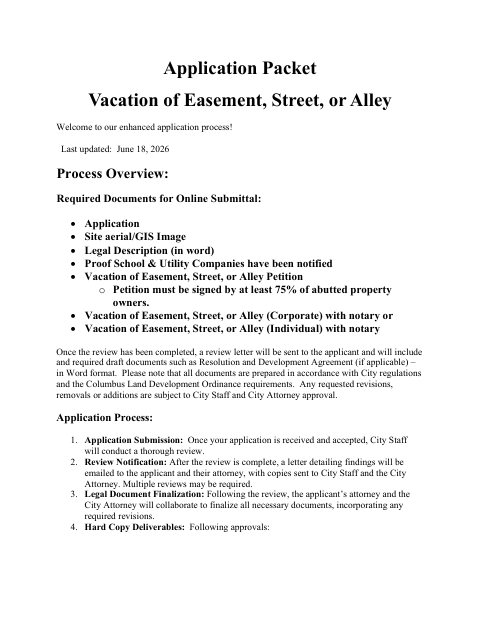 First page of the Easement, Street, or Alley Vacation Packet