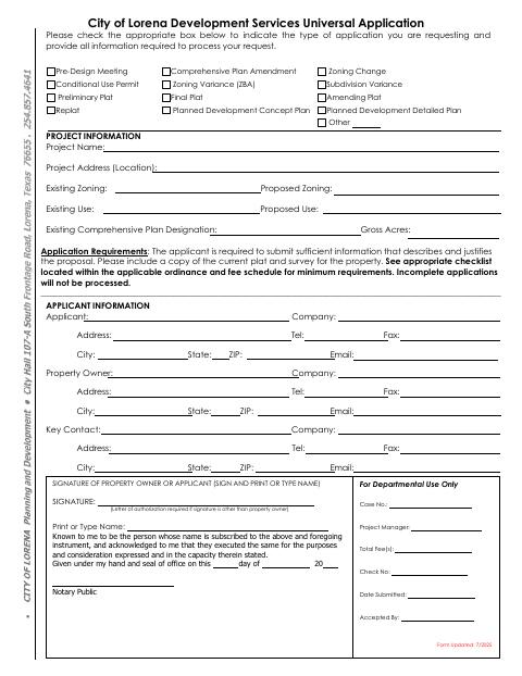 First page of the Development Services Universal Application