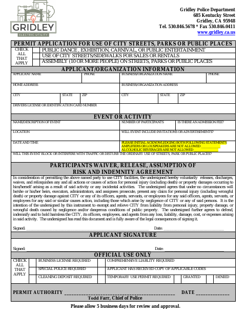 First page of the Permit Application for Use of City Streets, Parks or Public Places