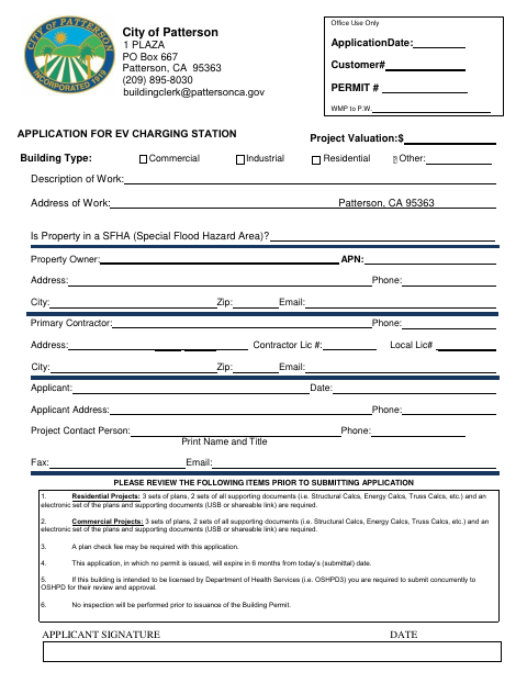 First page of the EV Charging Station Commercial Permit Application
