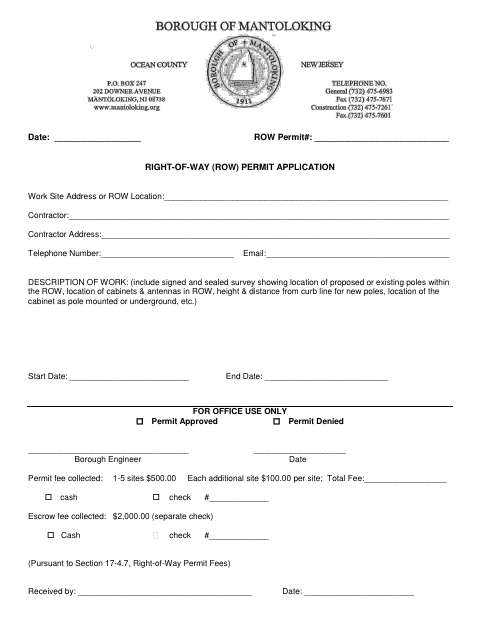 First page of the Right-of-Way Permit Application