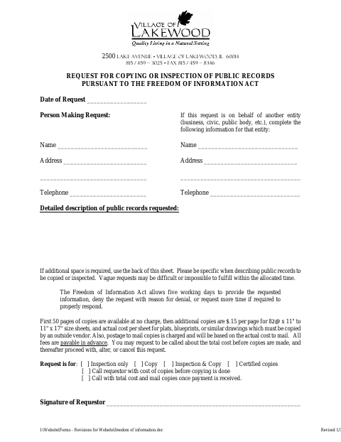 First page of the Public Records Copying or Inspection Request