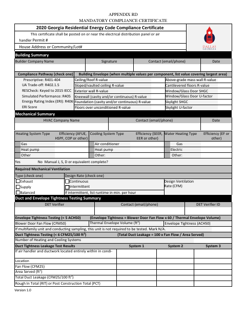 First page of the Residential Energy Code Compliance Certificate