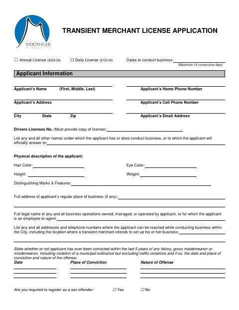 First page of the Transient Merchant License Application