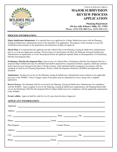 First page of the Major Subdivision Review Process Application