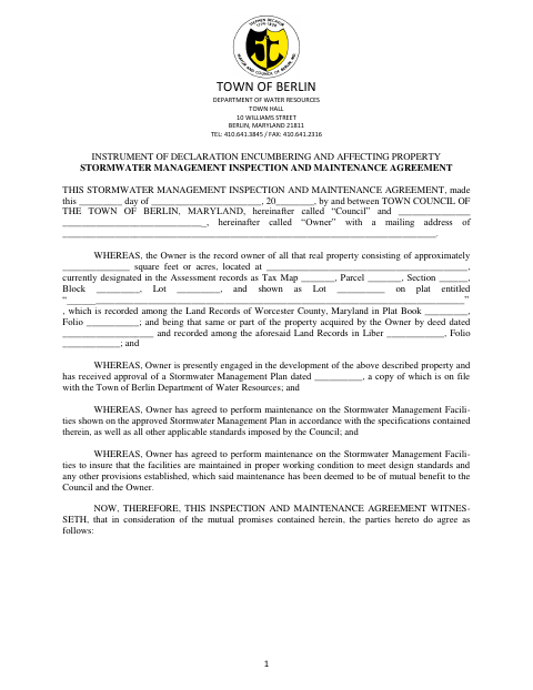 First page of the Stormwater Management Inspection and Maintenance Agreement