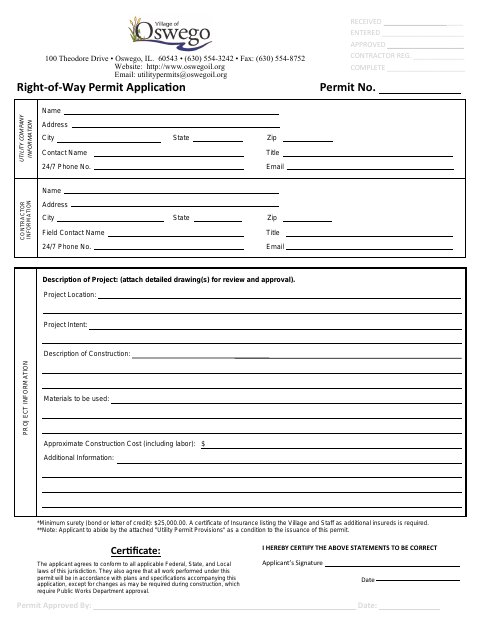 First page of the Utility Right-of-Way Permit Application