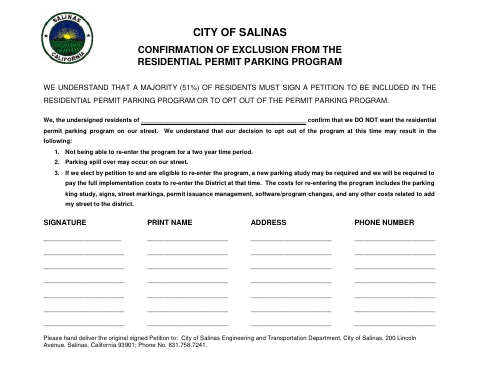 First page of the Confirmation of Exclusion from the Residential Permit Parking Program