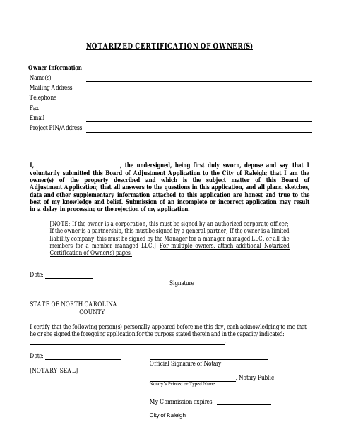 First page of the Notarized Certification of Owner(s)