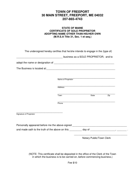 First page of the Certificate of Sole Proprietor Adopting Name