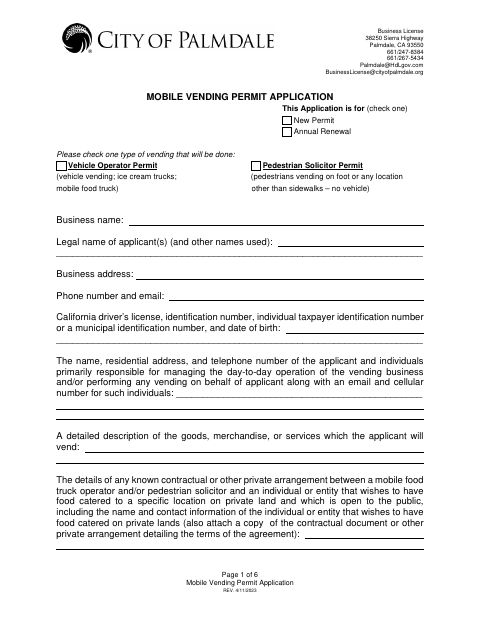 First page of the Mobile Vending Permit Application