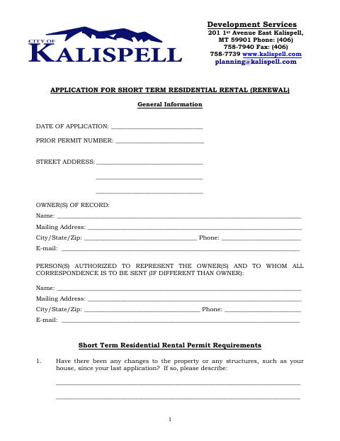 First page of the Short Term Residential Rental Renewal Application