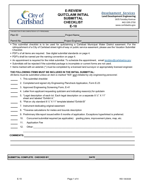 First page of the Quitclaim Initial Submittal Checklist (E-10)