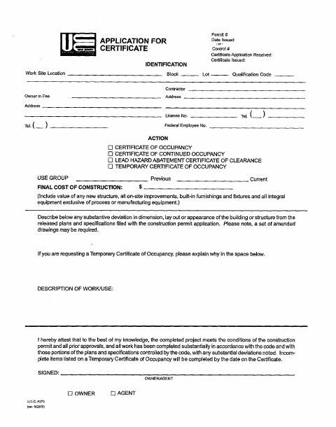 First page of the Application for Certificate