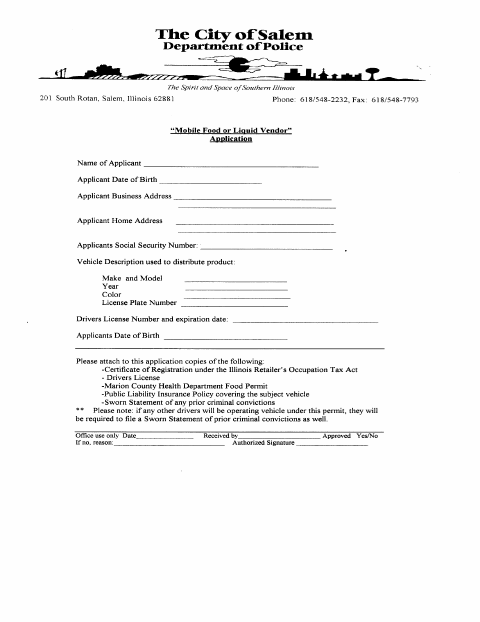 First page of the Mobile Food / Liquid Vendor Application