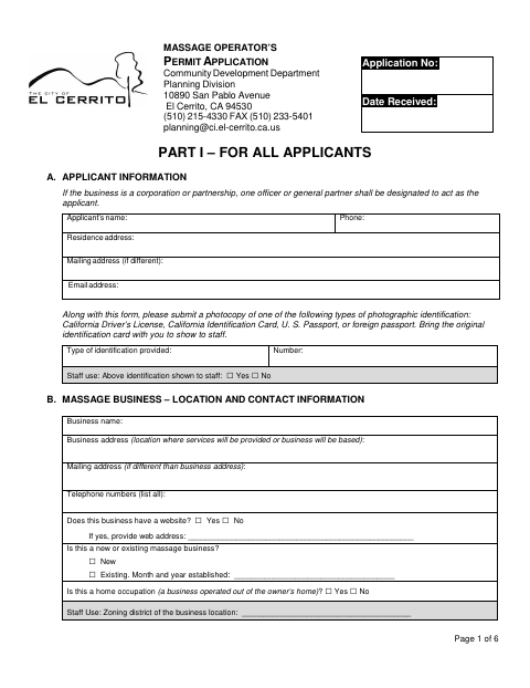 First page of the Massage Operator’s Permit Application