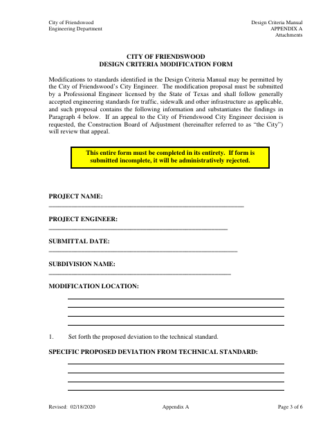 First page of the Design Criteria Modification Form