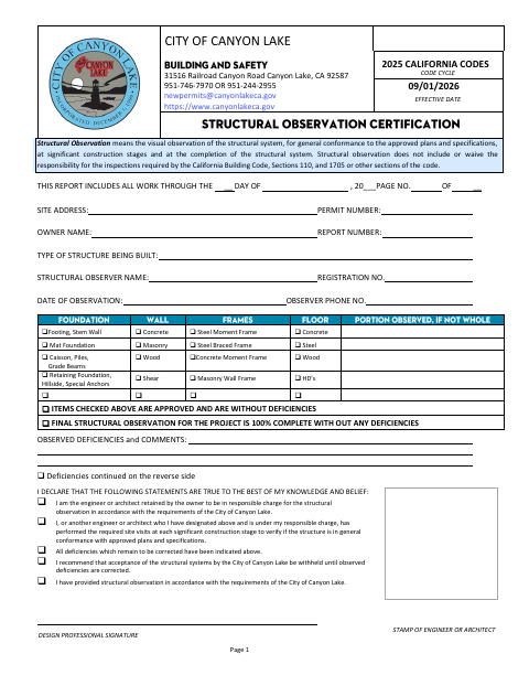 First page of the Structural Observation Certificate