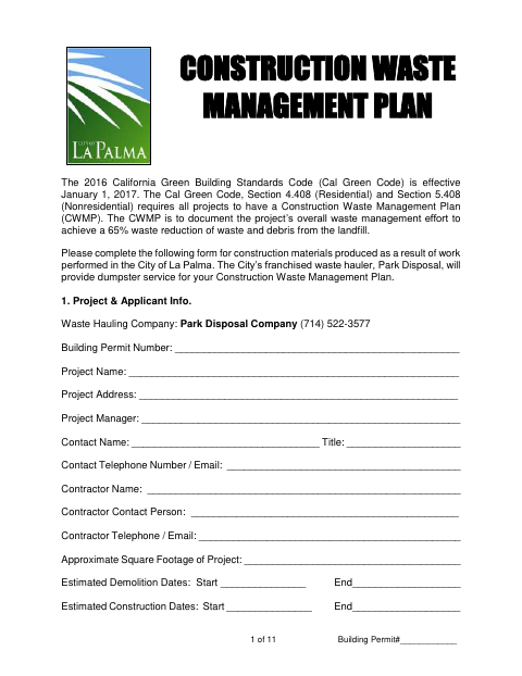 First page of the Construction Waste Management Plan